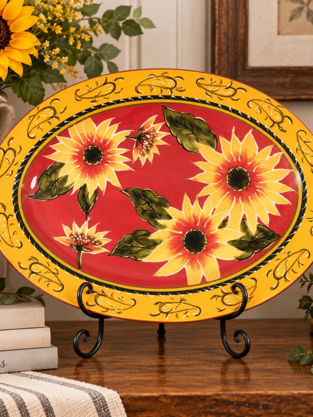 Pier 1 Imports Sunflower Terracotta Serving Platter Large Oval Hand-painted